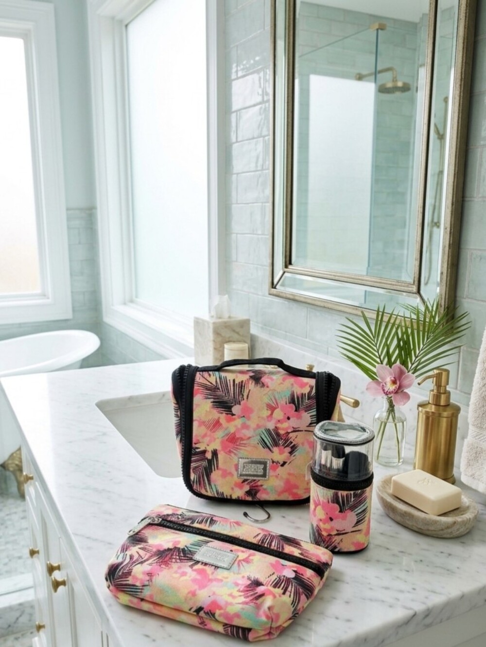 Victoria Secrect Floral Pink Cosmetic Pouch Set - 3 Piece